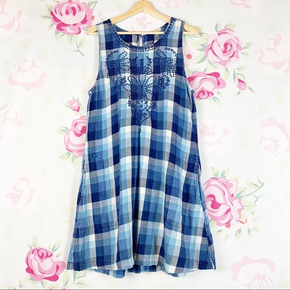 Mod-o-doc Retro Blue Embroidered Plaid Blue Tunic Mini Sleeveless Dress S